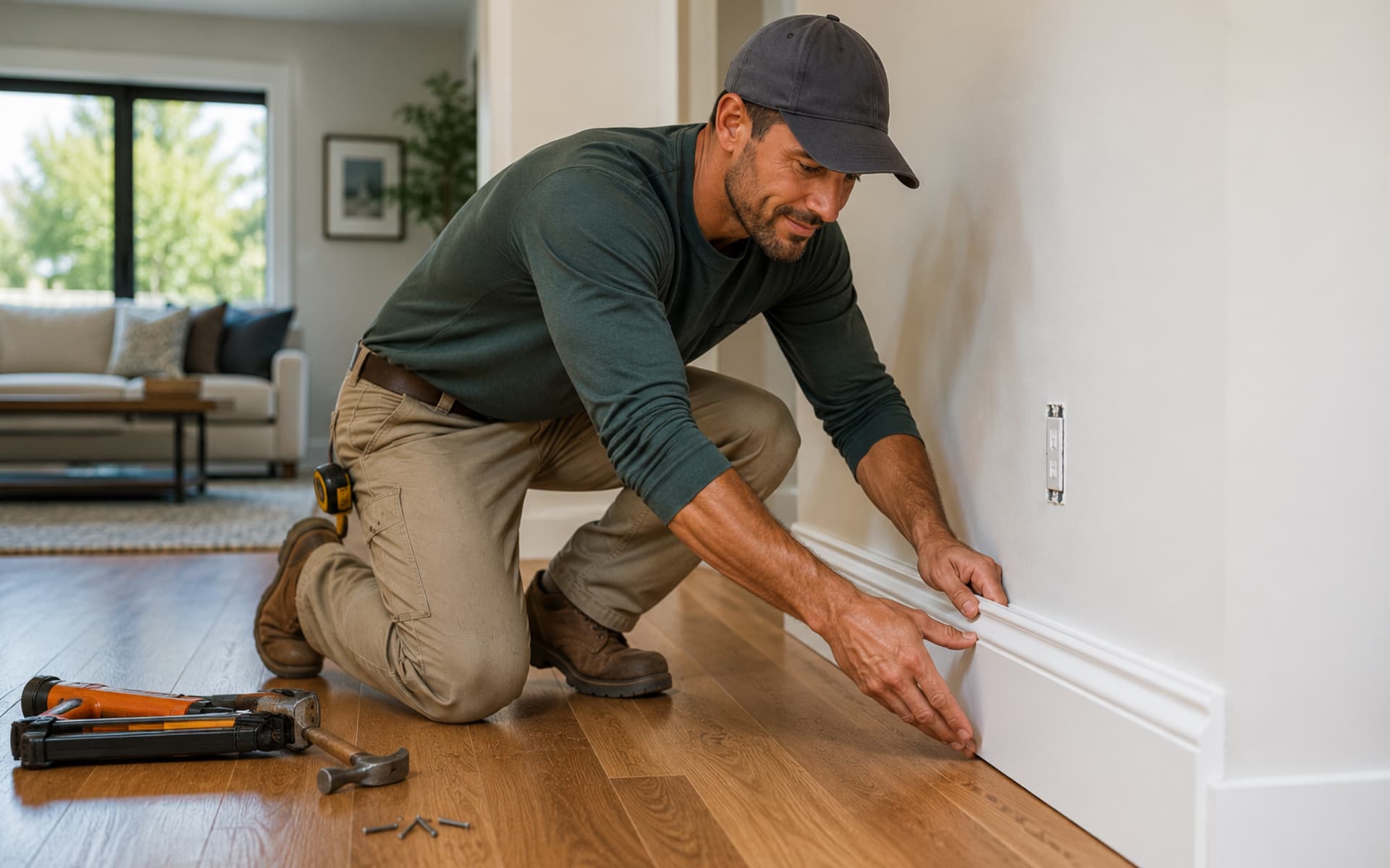 Craftsman installing interior trim during a remodel